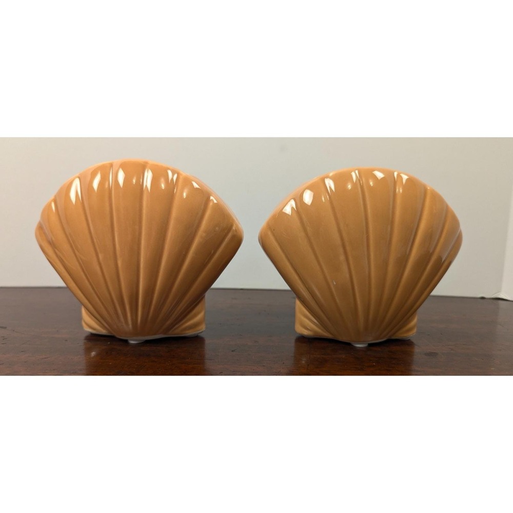 Vintage Peach Ceramic Shell Pocket Vases Pair Coastal Beach Decor Planters - Picture 2 of 8